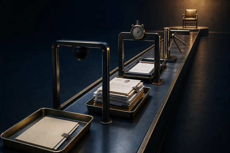 A long, narrowing checkpoint lane made of camera arches, ID trays, timer gates, and task slots leads to a single interview chair at the far end, while a thin application folder becomes a heavier stack of proof artifacts as it moves forward.