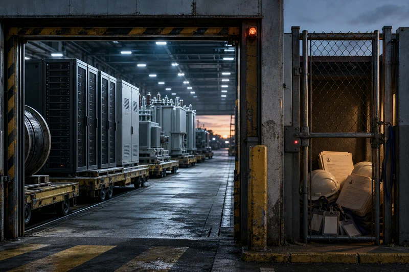 An industrial checkpoint with a wide freight lane open for server racks, transformers, and cable reels while a narrow side gate holding employee badges and resumes remains closed in shadow.