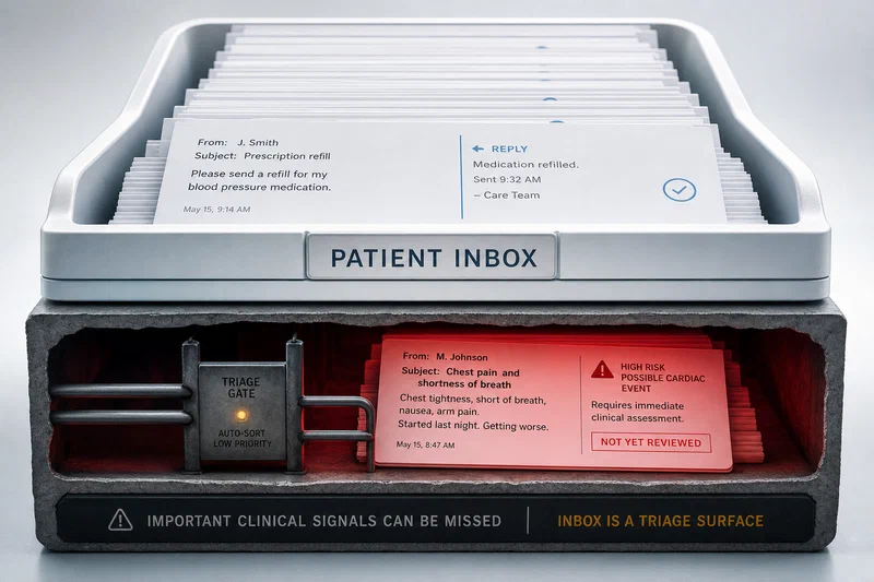 A pristine hospital in-basket tray shown in cross-section, with neat administrative message cards visible on top while a hidden red lower layer reveals urgent symptom messages slipping past an unattended triage gate.