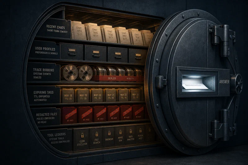 A narrow illuminated answer window built into the steel door of a large archival vault, with layered drawers, expiring tags, sealed trace ribbons, and redacted folders visible in a cutaway behind it.