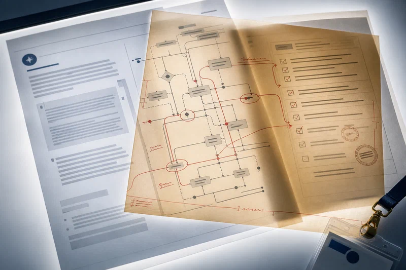 Translucent amber tracing paper is pinned over an AI-generated summary, a workflow map, and a compliance checklist on a softly lit light table; neat human redlines align the three layers into one readable path, while a partially visible employee badge sits at the edge of the frame.