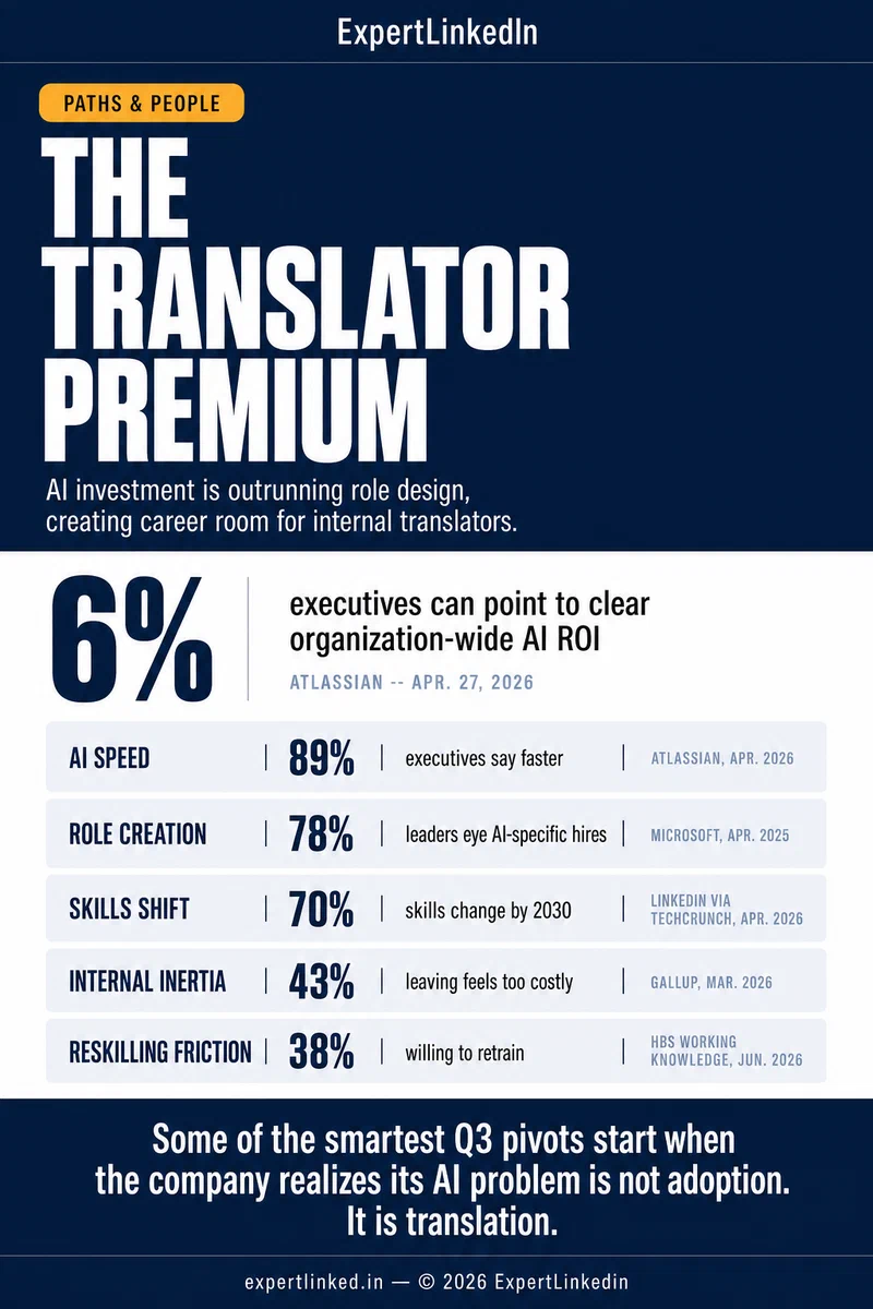 A vertical infographic showing the speed-to-ROI gap, AI role creation, skills churn, worker immobility, and reskilling friction behind the rise of internal AI workflow translator roles.