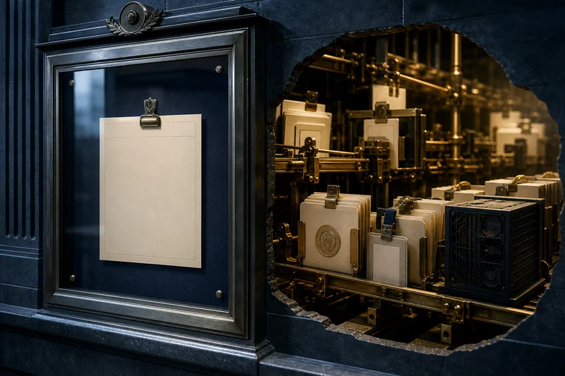 A formal glass-fronted job-posting case holds one nearly blank requisition card in the foreground, while a cutaway behind it reveals an active internal relay of workflow folders, approval tabs, audit seals, budget slips, and hardware crates moving along brass tracks inside a dark institutional wall.
