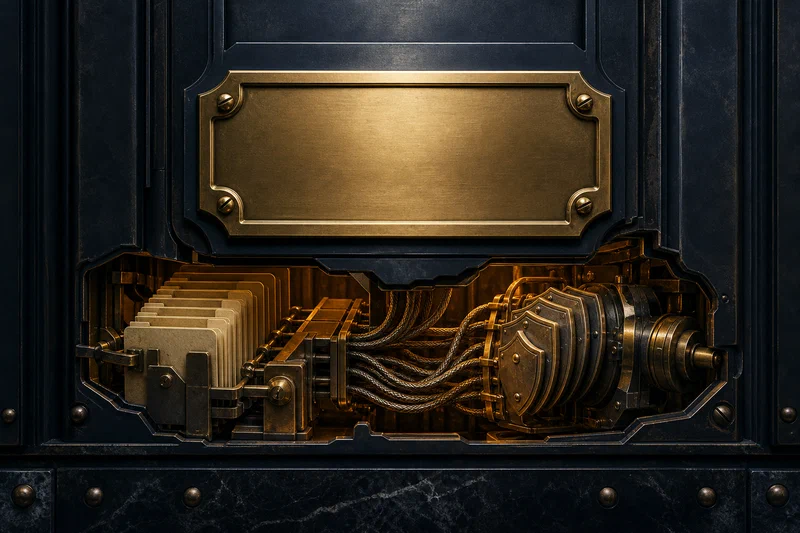A blank brass job-posting placard is mounted on a dark institutional panel, but an x-ray-like cutaway reveals hidden gears already turning behind it: one gear made of stacked workflow cards, one of braided signal lines, and one of stamped audit seals, all driving the frame from inside.
