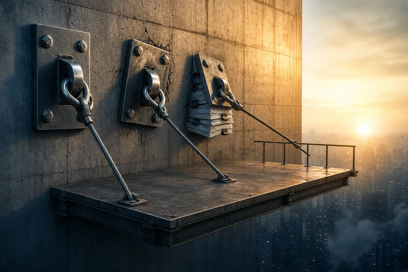 A suspended metal platform hangs over a dark urban drop, held by three load-bearing steel anchors on a concrete wall: one locked tight, one visibly strained, and one beginning to fail under pressure.
