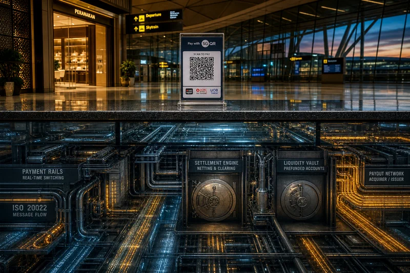 A transparent payment placard stands above a vast illuminated underfloor network of pipes, switchgear, and bank-grade rails inside a premium Southeast Asian transit-hub interior, showing the customer-facing wallet layer as a small surface above the real payout infrastructure.