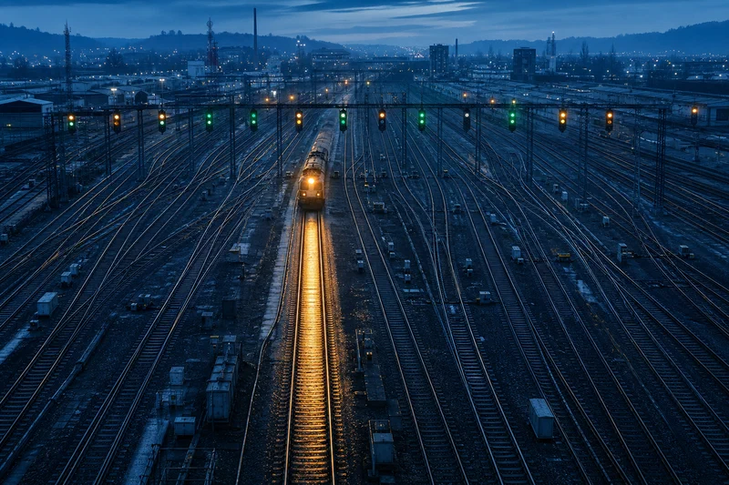 A vast rail switching yard at blue dawn with many parallel tracks fanning outward, green signal lights visible over multiple routes, but only one track carrying a lit moving train while the others sit empty in shadow.