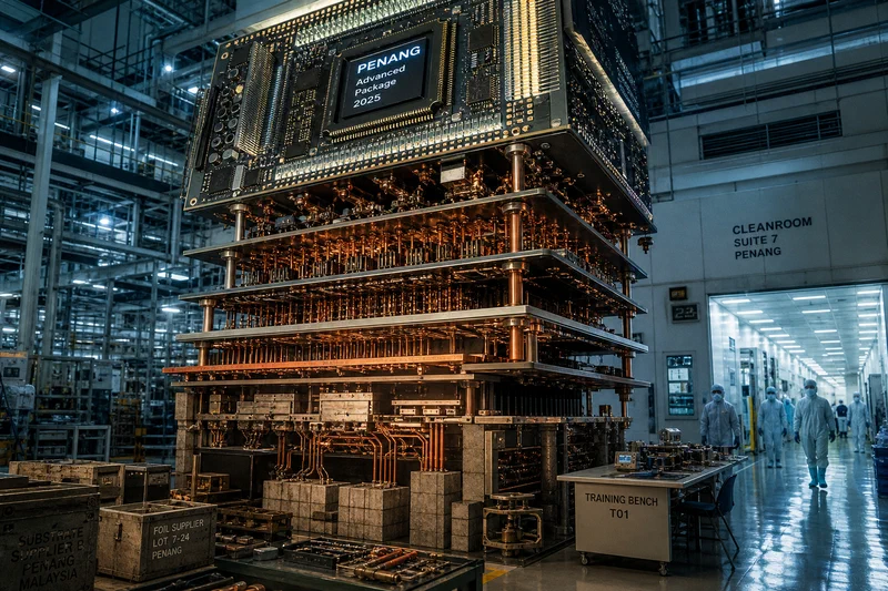 A photo-illustration of a Penang advanced-packaging line where tall stacks of chip substrates rise above a visibly thin base of supplier crates, precision tools, and training benches.
