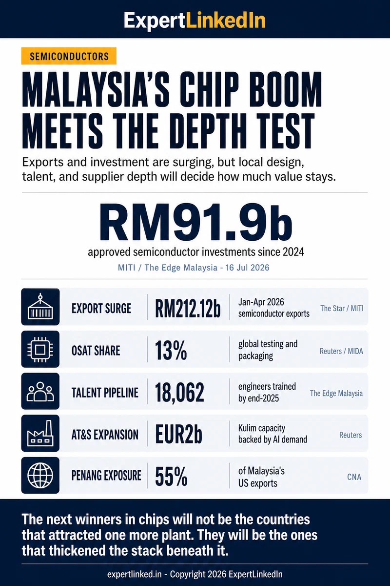 A vertical infographic showing Malaysia's approved semiconductor investment, export growth, OSAT share, talent pipeline, and U.S. tariff exposure.