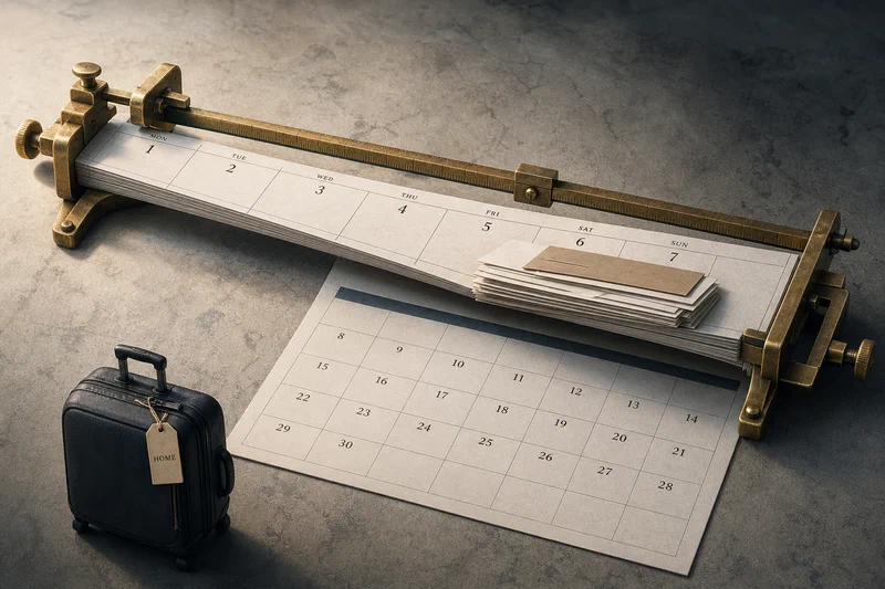 A September calendar page with its first week stretched under brass measuring clamps while a small carry-on bag rests nearby, suggesting a return sprint being mistaken for normal pace