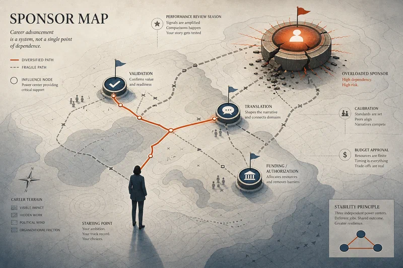 An abstract editorial network map shows one professional standing at the edge of a strategic board while multiple power nodes glow in different intensities; one oversized node is overloaded and unstable, while three smaller connected nodes form a stronger path across the page.