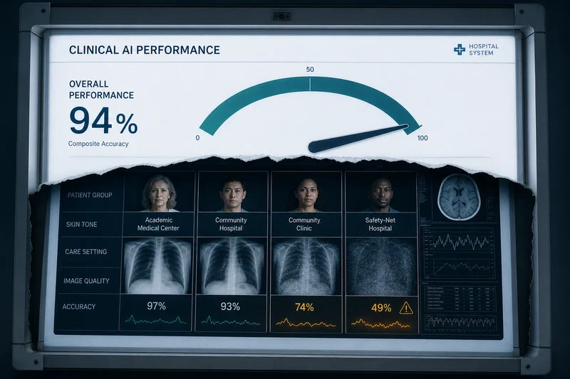 A pristine clinical diagnostic panel sits under cool hospital light with one smooth central performance gauge, while a cracked lower layer reveals diverging patient-image panels and warning traces across different skin tones and care settings.