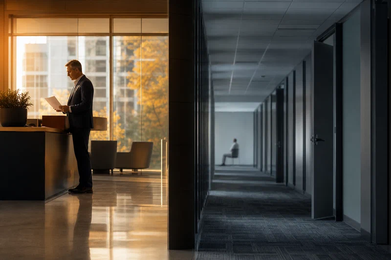 A split-frame editorial photograph: on one side, a glass corporate lobby glows with confident golden light and a near-empty reception desk; on the other side, a long empty corridor of office doors stretches into dimness, with a single worker visible at the far end. The visual tension captures the asymmetry between employer stability and worker immobility.