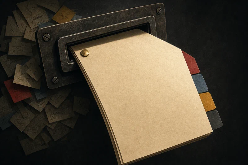 A four-page evidence packet clipped together passes through a dark metal calibration slot, transforming scattered notes into a clean dossier