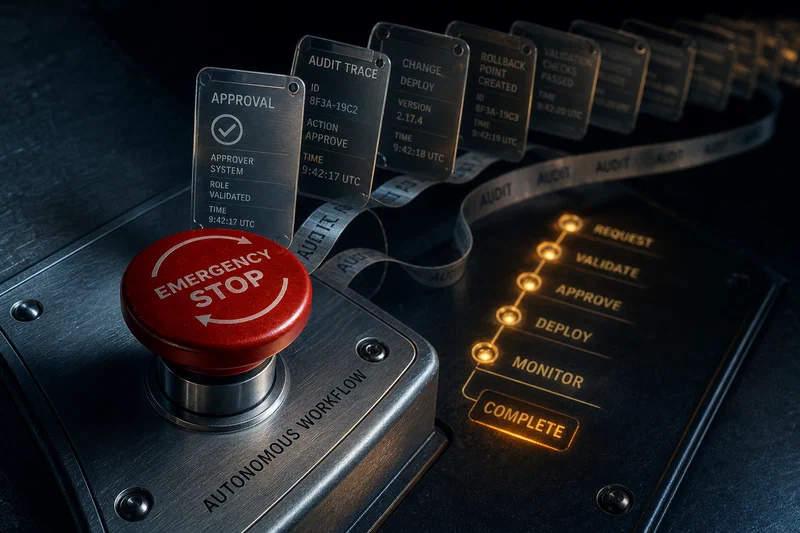 A large red emergency-stop button mounted on a brushed-metal control console, surrounded by suspended approval cards, trace ribbons, and frozen task lights.