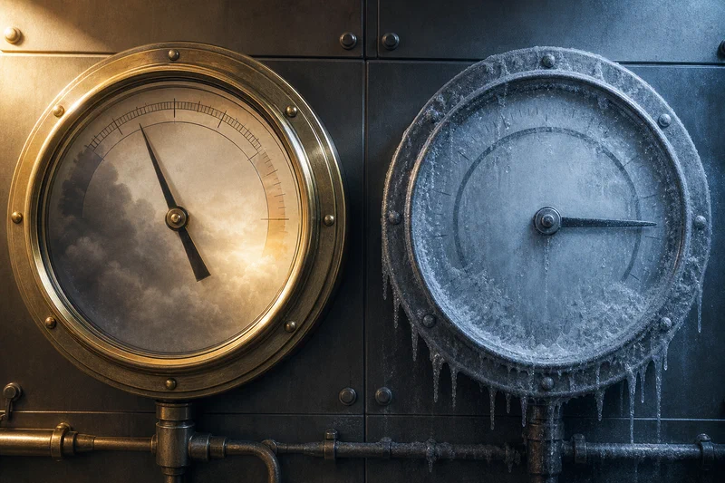 An editorial illustration of a cooling weather instrument beside a separate frozen mobility gauge, showing inflation easing while hiring movement stays stuck.