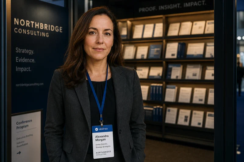 A verified subject-matter expert stands at the threshold of a modern B2B conference pavilion, sharply lit in the foreground, while a branded archive wall of reports and case-study folders recedes behind them.