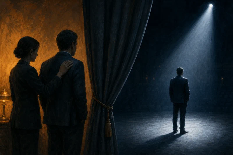 A split theatrical scene where a warm backstage hand rests supportively on a professional's shoulder while, beyond a heavy curtain, the same person stands alone under a cold spotlight facing the empty space where advocacy should have appeared