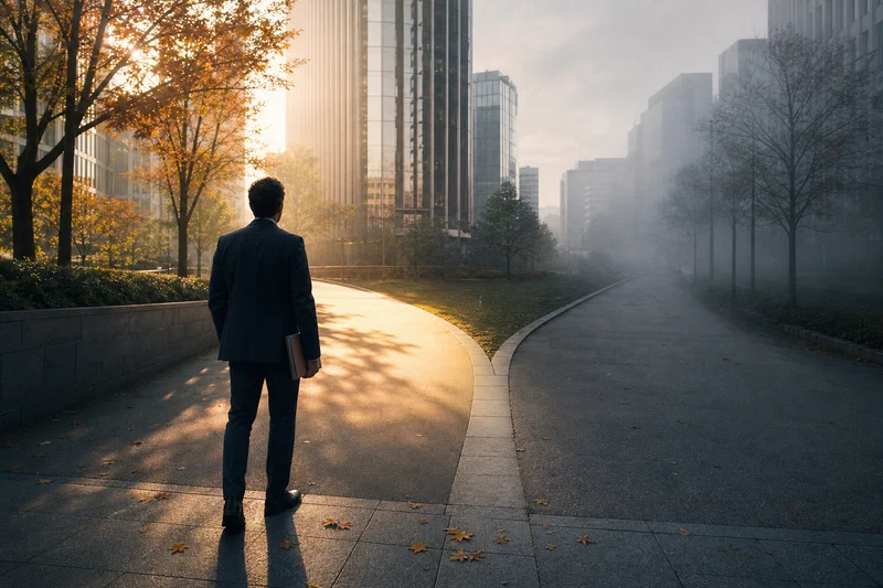A professional stands at the edge of a forked path in a grey November cityscape, one route illuminated ahead, the other fading into fog