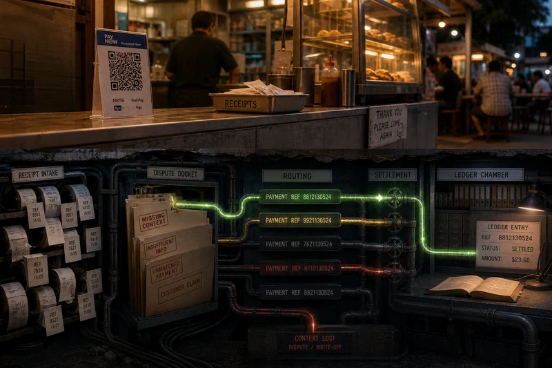 A Southeast Asian merchant counter displays a simple QR placard in warm light, while a cutaway beneath reveals tagged receipt rolls, stamped exception files, routed settlement pipes, and color-coded transaction trails feeding a back-office ledger.