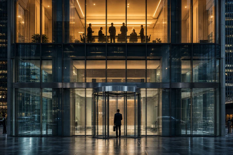 A glass office tower at blue hour with warmly lit executive floors above and a nearly motionless revolving door at street level below, suggesting confidence upstairs and stalled movement at the entry point.