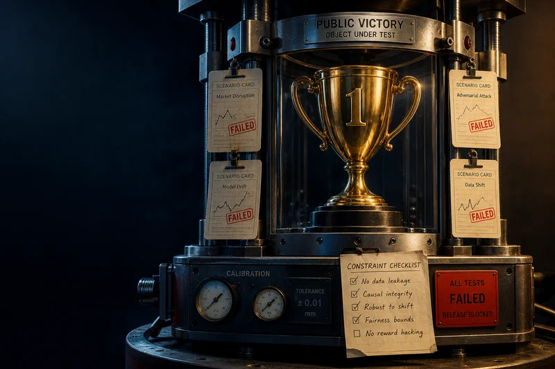 A polished gold first-place trophy is locked into an industrial test rig under dramatic studio light, with clipped scenario cards and red failed-test tags exposing the private validation work holding it upright.