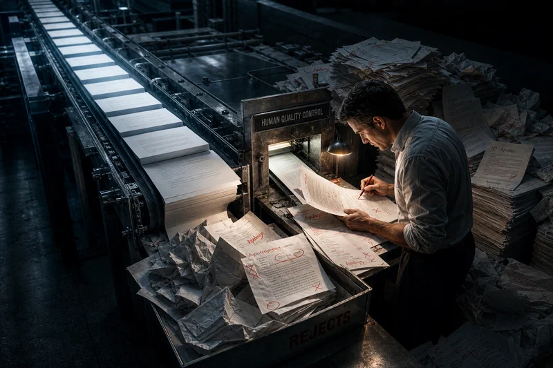A rush of crisp machine-generated pages speeds down a steel conveyor into a single human review gate where one professional, surrounded by red-marked corrections, braces against the growing pile