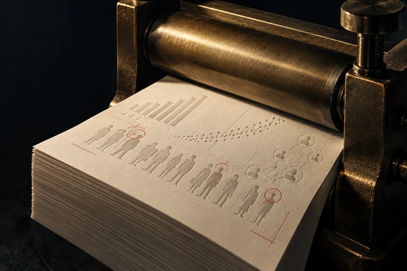 A September briefing folio is being pulled through a heavy brass calibration press while faint payroll bars, Fed dots, sponsor nodes, and quality-control marks emerge across the paper, suggesting that the month's measurements are turning into judgments.