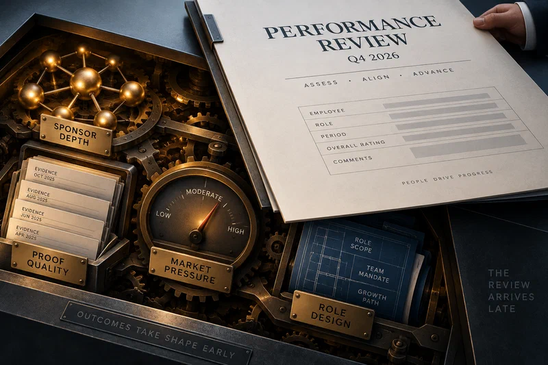A formal cream-colored corporate review dossier slides toward a heavy evaluation stamp, while beneath a dark translucent surface hidden brass mechanisms shaped like sponsor nodes, clipped evidence sheets, a market-pressure dial, and a role blueprint have already locked into place.