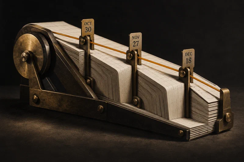 A thick 90-day planner whose pages have been cut and folded into a brass-and-paper trigger mechanism, three gate markers standing like small checkpoints and a single amber wire running through the pages