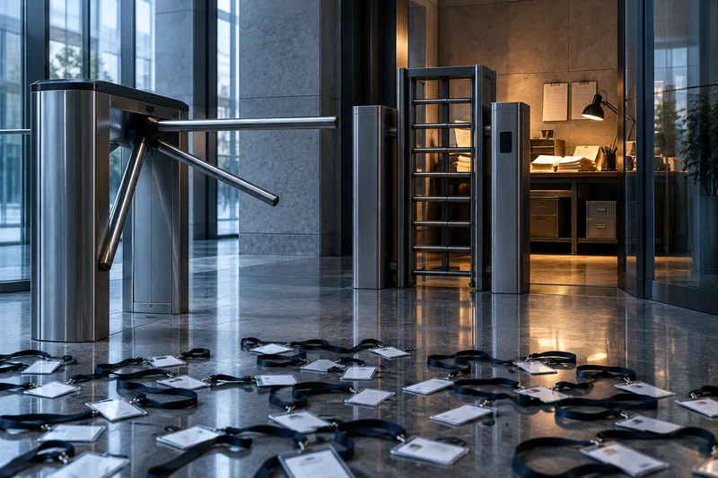 A broad glass-and-steel outer turnstile stands open in a stark architectural corridor, but a second narrow steel gate blocks entry to a small illuminated workbench area where marked-up drafts, review checklists, and routed data cables show the only place real judgment is being built.