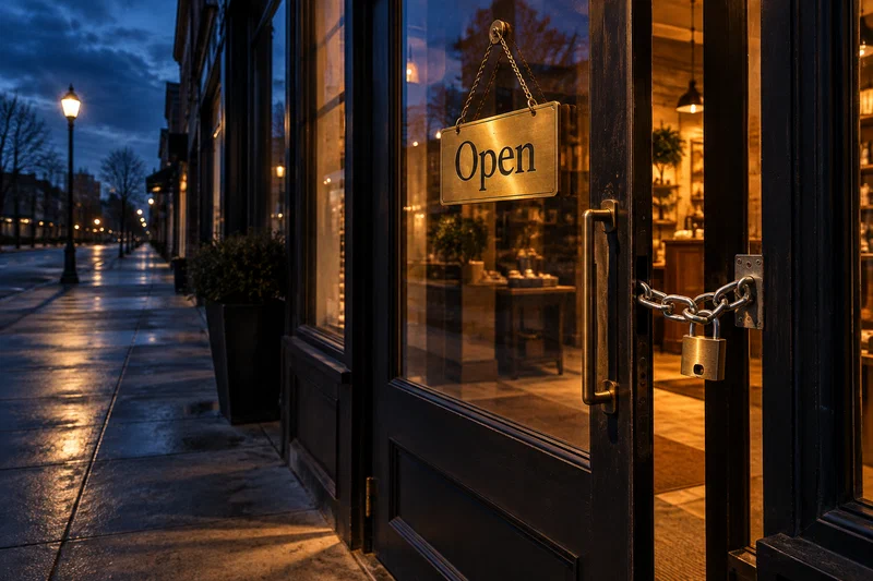 A three-quarter view of a glass storefront door — propped slightly ajar with a gold 'Open' placard — but visible behind the glass, a thick chain is bolted across the interior latch, preventing entry. The reflection in the window shows a blurred empty street. Cold blue and amber lighting, high contrast, chiaroscuro.