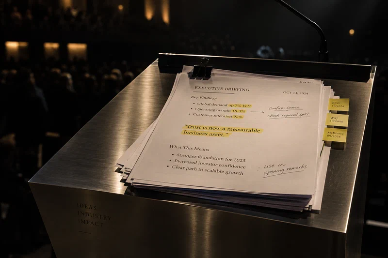 A brushed-metal conference lectern holds a stack of heavily annotated executive briefing cards with dates, statistics, and clipped source tabs, isolated under stage light while the auditorium behind falls into soft darkness.