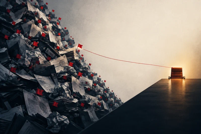 A large, tangled map of AI risk - scattered red flags, exception notes, and review stamps - folded by one pair of hands into a single clean readable line on a light table, with an empty executive chair waiting behind it