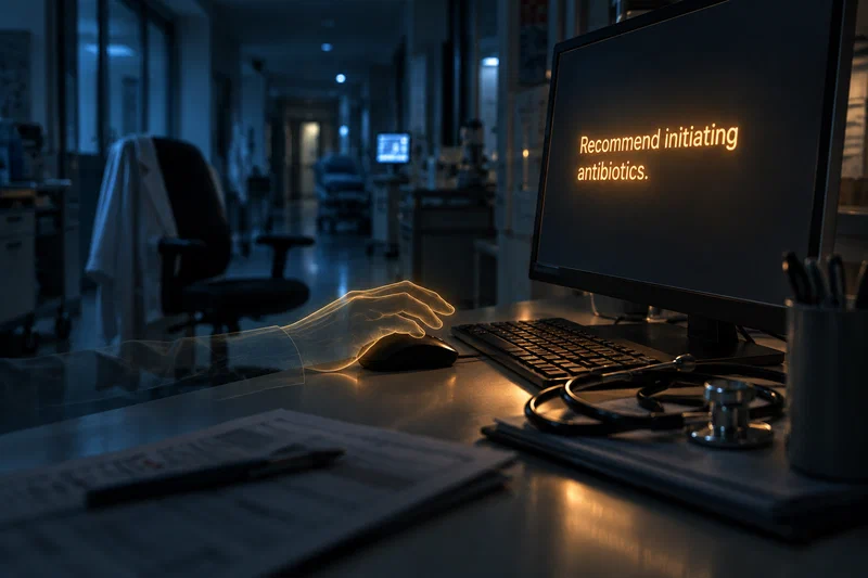 A quiet nighttime clinical workstation photographed from a low angle, its screen glowing with a single confident AI recommendation in warm amber light, while a translucent outline of a clinician's hand reaches toward the mouse — the human-in-the-loop drawn as a faint, empty orbit.