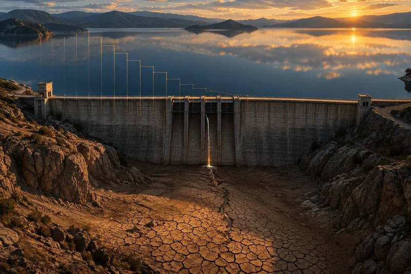 A glass reservoir filled to a calm, high waterline feeding a long pipe whose outlet is only a thin trickle into a cracked, nearly dry channel — a full stock above, an empty flow below.