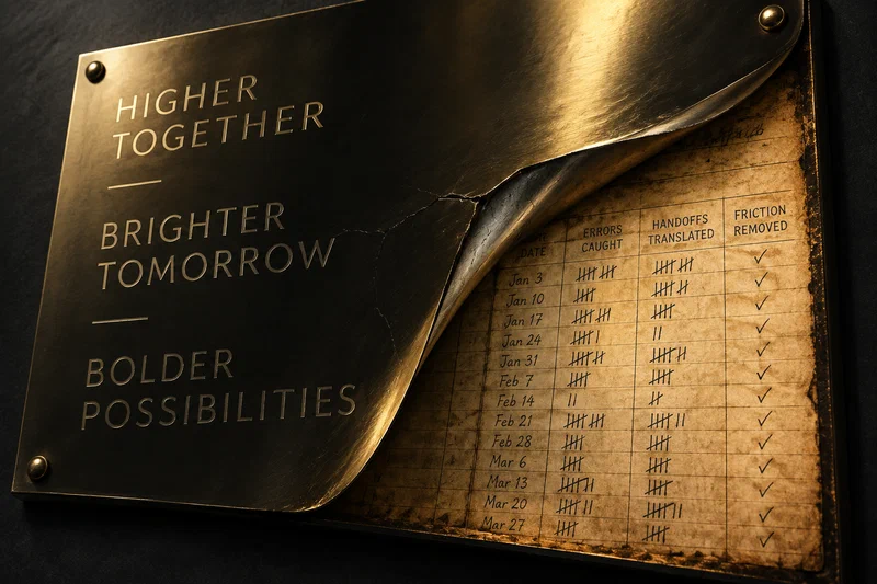 An abstract editorial illustration of a glossy corporate plaque engraved with glowing slogan words, its corner peeling back to reveal an older handwritten maintenance ledger of tally marks and friction removed