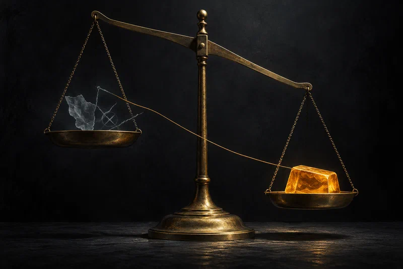 A brass balance scale against a deep charcoal field: the left pan holds only faint ghosted traces of incidents that never happened, while the right pan holds a single solid amber weight, and the scale tips toward the one thing that is real enough to weigh