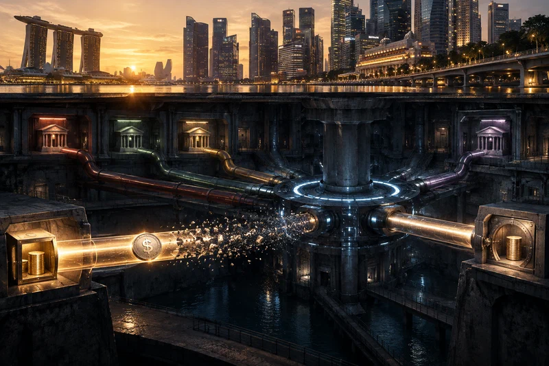A cutaway view of a Singapore settlement chamber where tokenised money from several separate bank ledgers converges into one shared coordination layer, with a single bright path reaching final settlement while a stablecoin path dissolves at the edge.