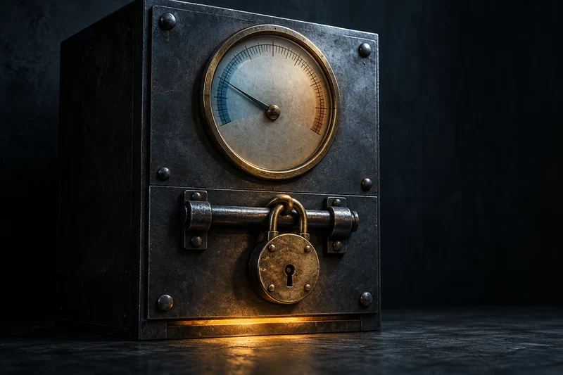 A polished brass price dial on the front of a heavy steel strongbox, its needle dropping into a cool blue zone while a thick amber padlock keeps the box sealed — the gauge moves, the drawer does not open.