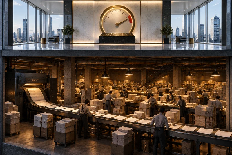 Cutaway cross-section of a corporate tower: a gleaming executive floor at the top of a marble stairway with a single brass gauge pushed to maximum, and far below it a vast, crowded basement where workers in amber light manually inspect and re-stamp an endless conveyor of paper pouring from a black machine.