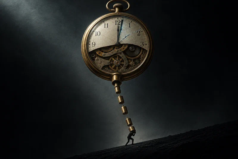 An editorial illustration of a large brass stopwatch whose hand is forced past the twelve, cracking the glass, while the same worn clockwork sits exposed beneath and small brass weights slide down onto a single silhouetted figure at the base
