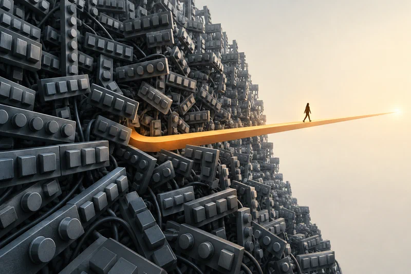 An editorial illustration of a dense, grey labyrinth of hundreds of identical software buttons that a small silhouetted figure threads through, while one single amber rail cuts a clean straight path out of the tangle toward the horizon