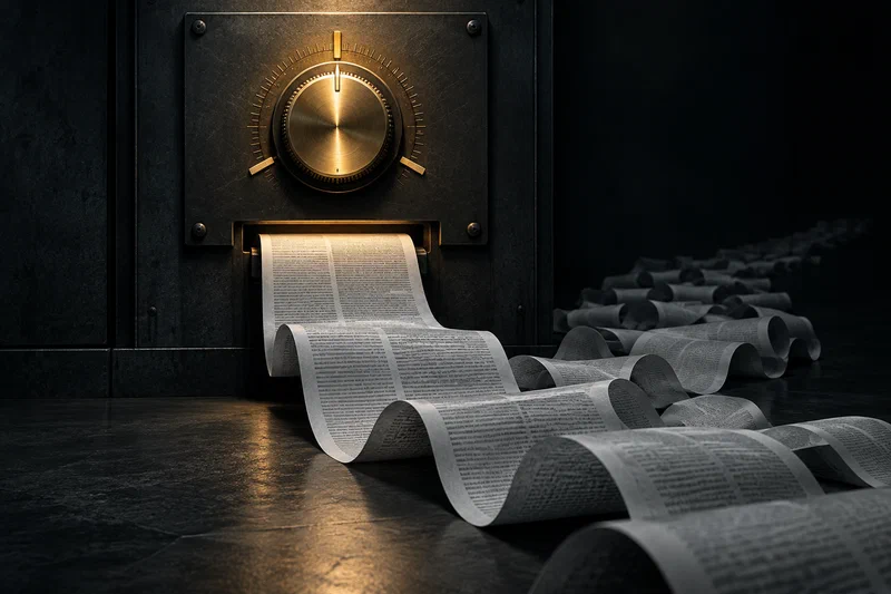 A precision brass decision dial glowing amber on a dark machined panel, while an enormous tangled scroll of printed prose spills from a slot below and trails unread into shadow.