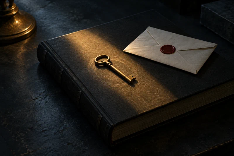 A single small brass key lies flat on a closed charcoal ledger beside a folded, unopened letter, lit by one narrow amber beam while the rest of the desk stays in cold shadow