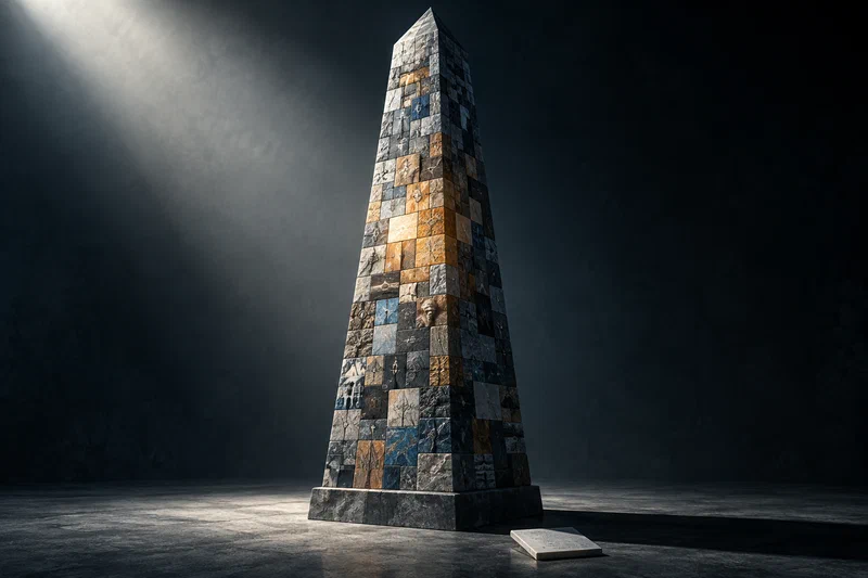 A single stone obelisk lit by a hard spotlight, its surface not solid but assembled from hundreds of tiny mismatched mosaic tiles in cool blue-grey tones, while one small polished blank plaque lies face-up and unread on the ground beside it.