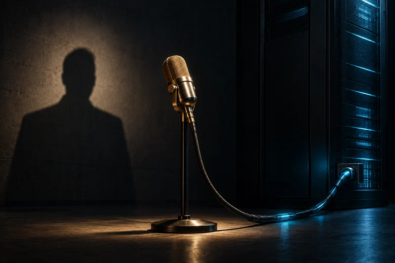 A polished golden earnings-call microphone on a slim stand, lit like a trophy, while its cable transforms into a heavy compute cable plugged into a monolithic black server block; behind it, the cold shadow of a person who is not there.