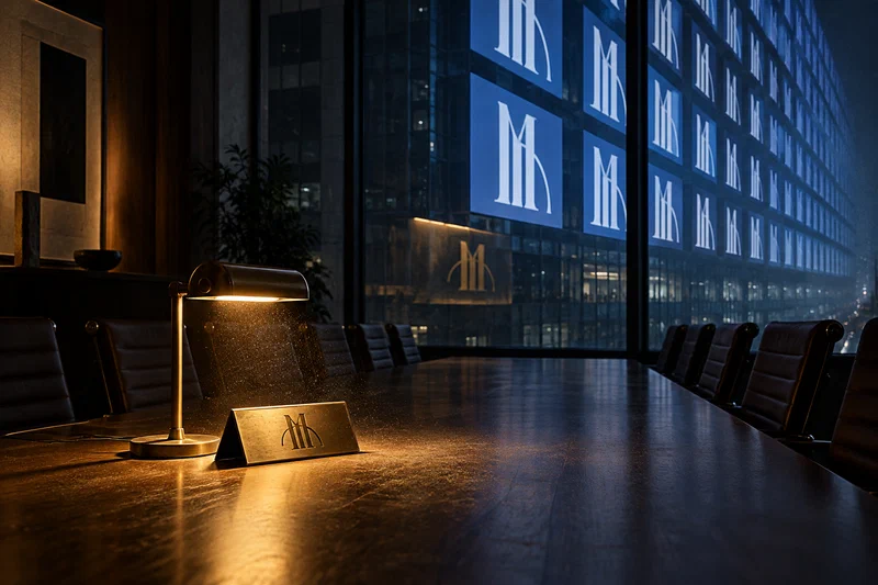 A single executive's nameplate is lit warmly at the end of a long, empty boardroom table, while outside the glass wall a massive illuminated screen broadcasts the same face to a distant, anonymous audience; the room behind the table sits in shadow, its chairs pushed in and untouched.