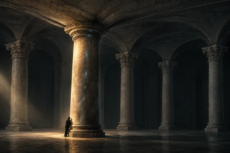 An editorial illustration of a grand hall in which a single load-bearing column bears the entire sagging weight of the ceiling, a hairline crack running through its stone, while other ornate columns stand idle and untouched beside it and a tiny silhouetted figure leans unnoticed at its base