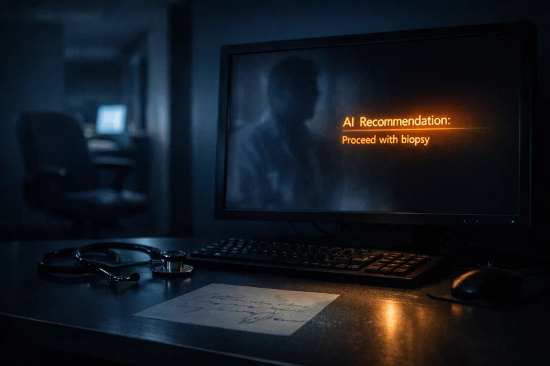 A dim clinical reading room before dawn photographed from a low angle: a monitor glowing with a single confident AI recommendation in warm amber, a stethoscope resting on an empty desk, and an out-of-focus corridor vanishing into cool blue darkness — the human who is supposed to verify the output is conspicuously absent.